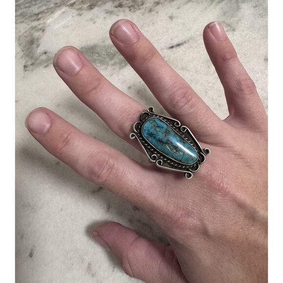 Old Pawn Native American Sterling Silver Turquoise Ring Size 7 - Picture 5 of 5